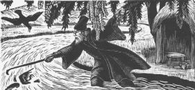 wood-engraving print: The Hermit for The Bird Talisman